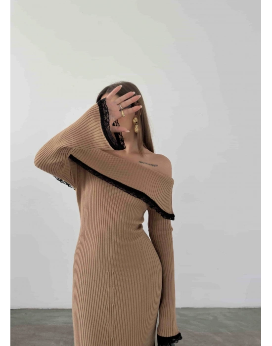 Dantel Detaylı Triko Elbise 1513 - Kahverengi