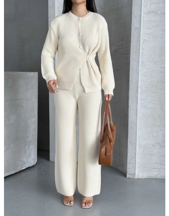 Düğme Detay Triko Takım 1565 - Kemik