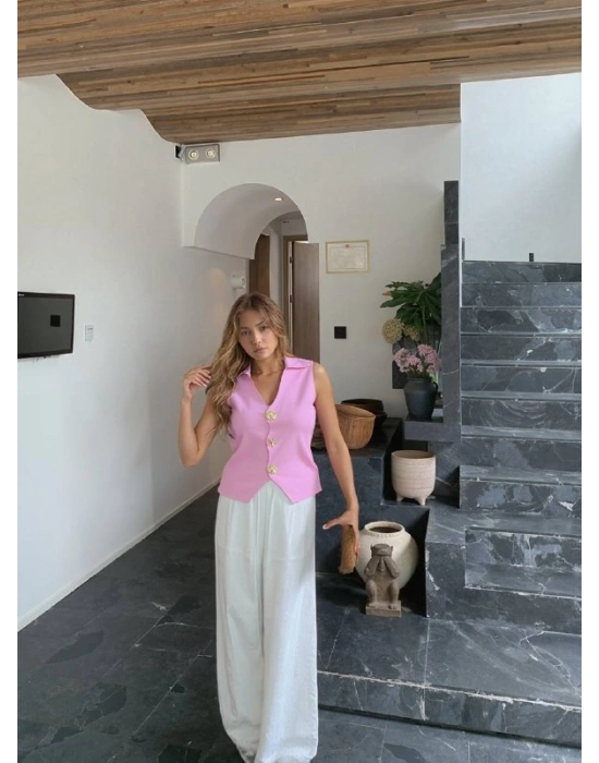 Düğme Detay Yelek 1562 - Pembe