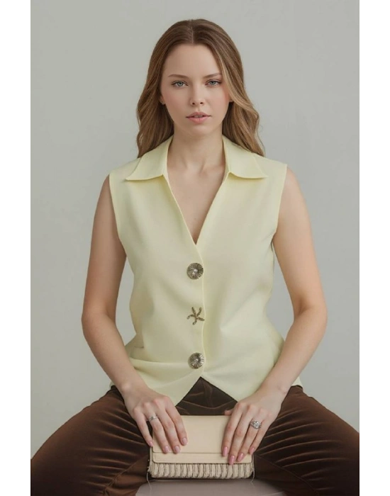 Düğme Detay Yelek 1562 - Sarı