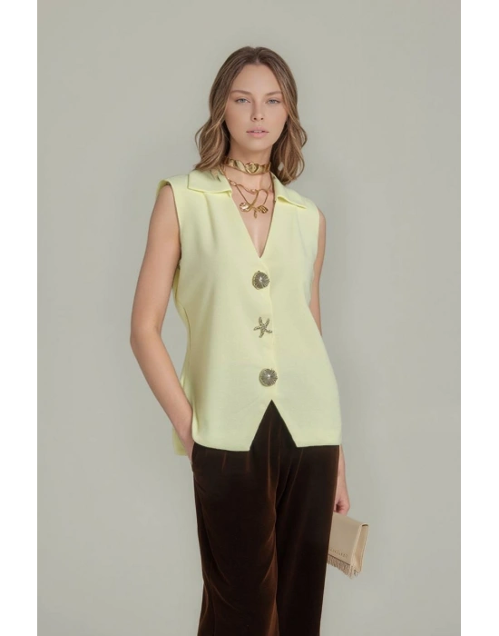 Düğme Detay Yelek 1562 - Sarı
