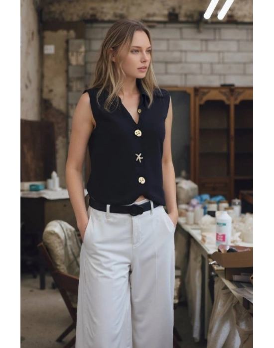 Düğme Detay Yelek 1562 - Siyah