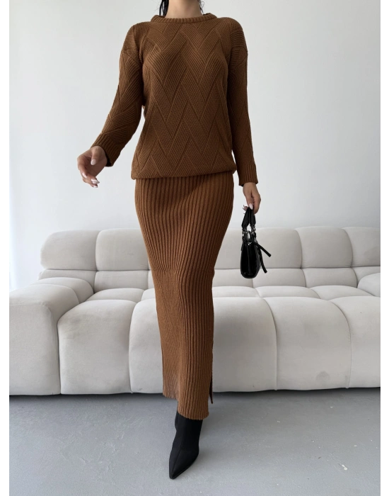 Etek Kazak Triko Takım 1558 - Kahverengi