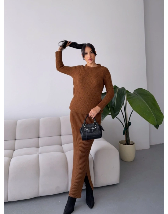 Etek Kazak Triko Takım 1558 - Kahverengi