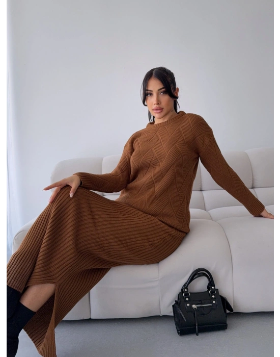 Etek Kazak Triko Takım 1558 - Kahverengi