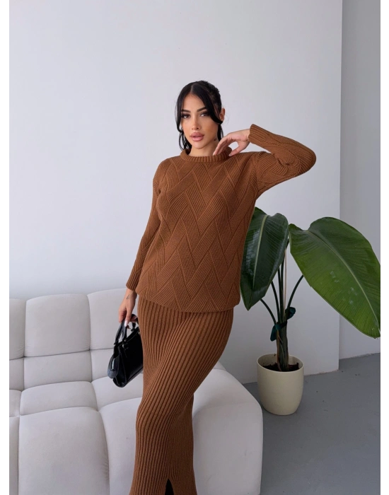 Etek Kazak Triko Takım 1558 - Kahverengi