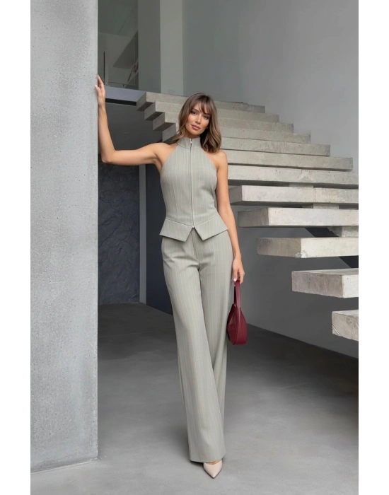 Fermuar Detay Kolsuz Çizgili Takım - Gri