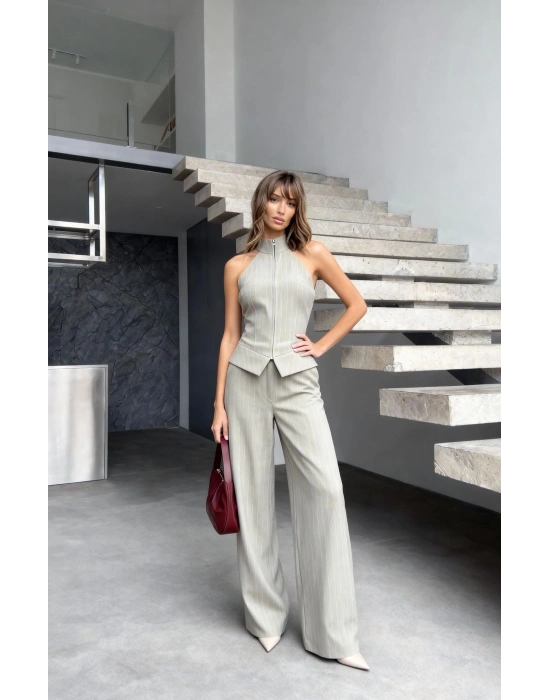 Fermuar Detay Kolsuz Çizgili Takım - Gri