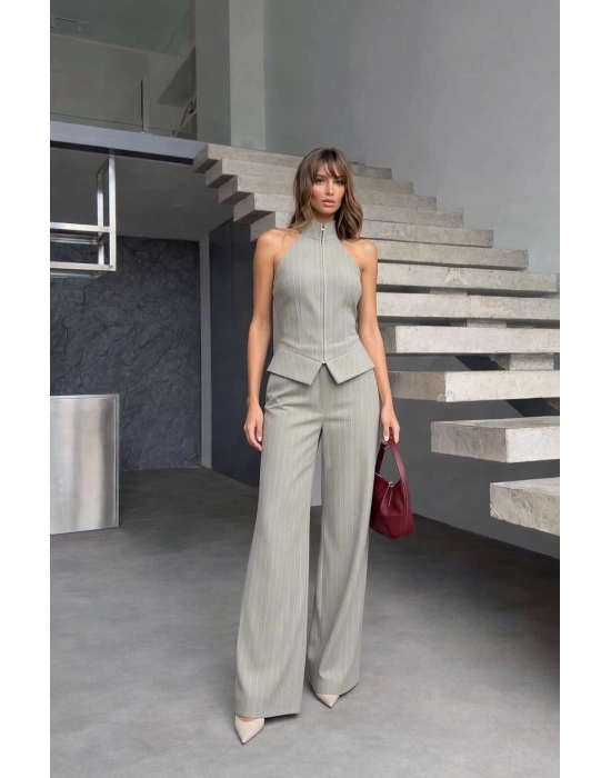 Fermuar Detay Kolsuz Çizgili Takım - Gri