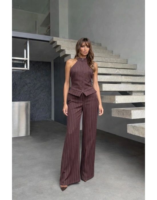 Fermuar Detay Kolsuz Çizgili Takım - Kahverengi