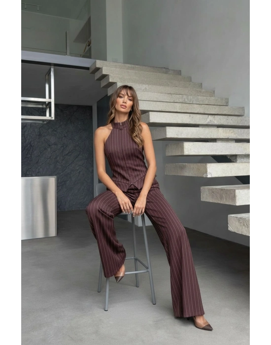 Fermuar Detay Kolsuz Çizgili Takım - Kahverengi