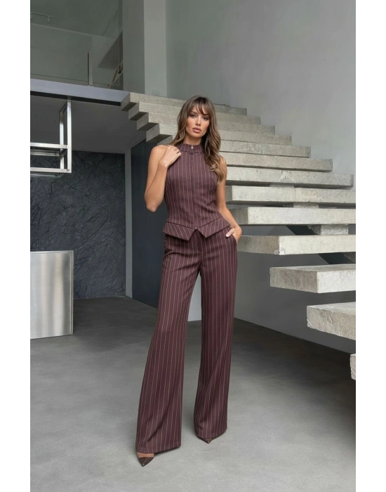 Fermuar Detay Kolsuz Çizgili Takım - Kahverengi