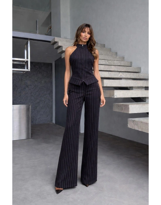 Fermuar Detay Kolsuz Çizgili Takım - Siyah