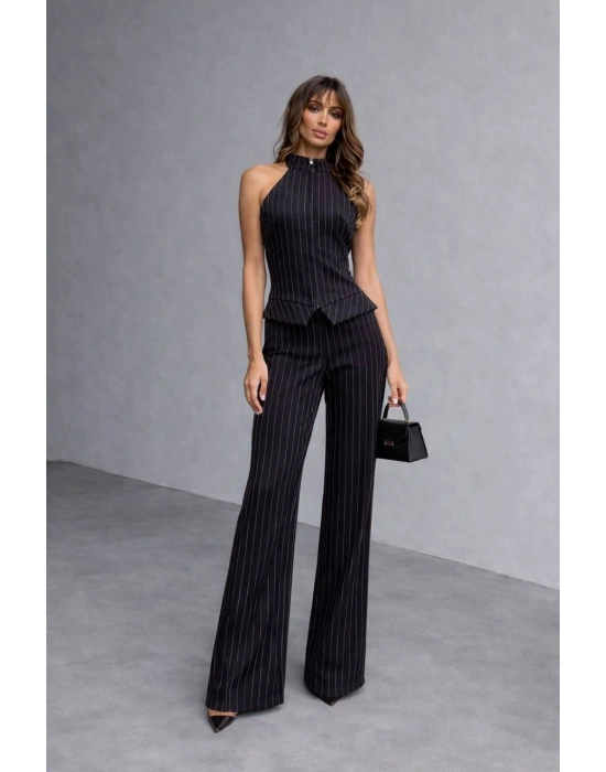 Fermuar Detay Kolsuz Çizgili Takım - Siyah