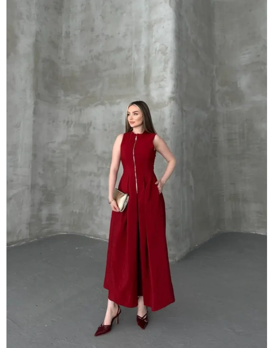 Fermuar Detay Kolsuz Elbise - Bordo , 1S 2M 2L 1XL