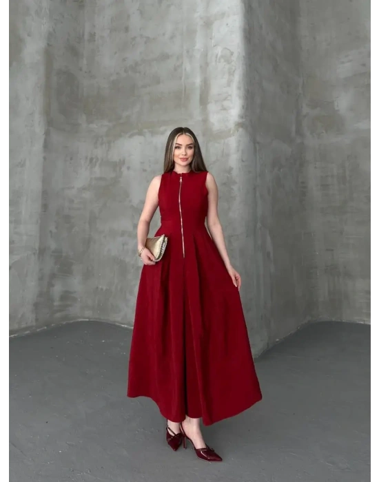 Fermuar Detay Kolsuz Elbise - Bordo , 1S 2M 2L 1XL