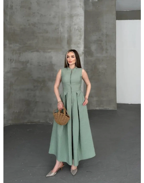 Fermuar Detay Kolsuz Elbise - Çağla , 1S 2M 2L 1XL