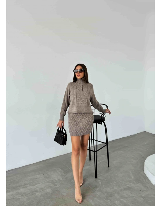 Fermuarlı Triko Etekli Takım 1512 - Vizon