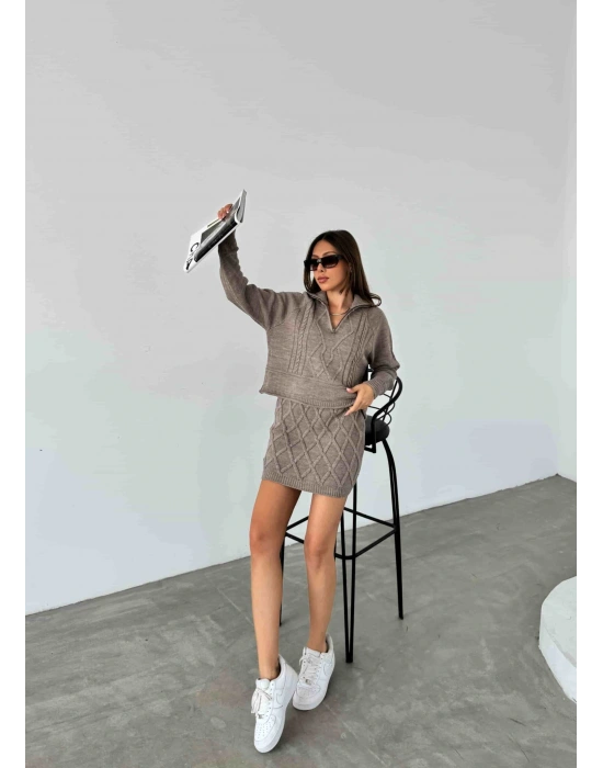 Fermuarlı Triko Etekli Takım 1512 - Vizon