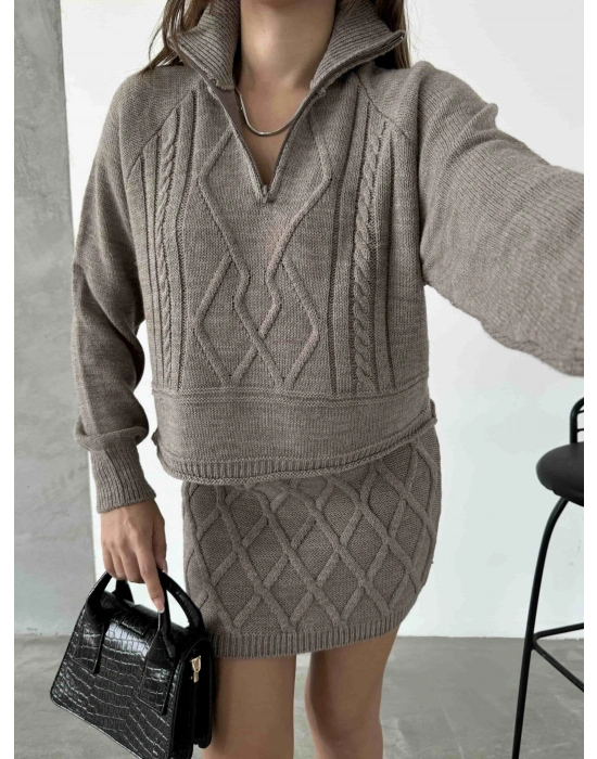 Fermuarlı Triko Etekli Takım 1512 - Vizon