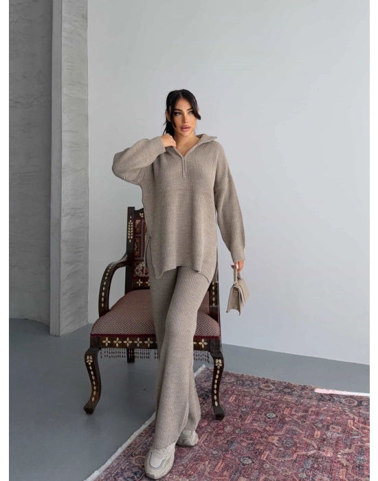 Fermuarlı Triko Takım 1556 - Vizon