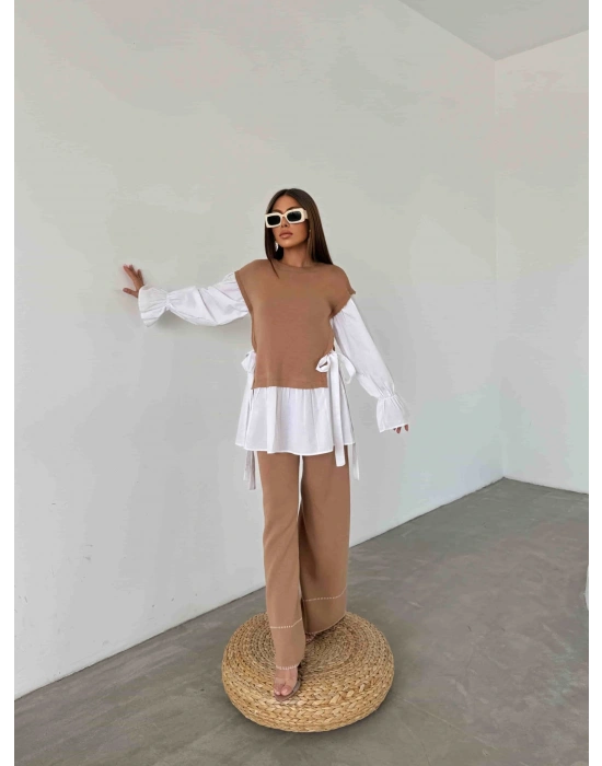 Gömlek Detay Triko Takım 1503 - Kahverengi , Standart Beden (5 Adet)