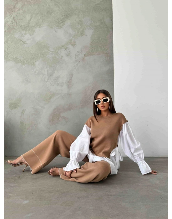 Gömlek Detay Triko Takım 1503 - Kahverengi , Standart Beden (5 Adet)