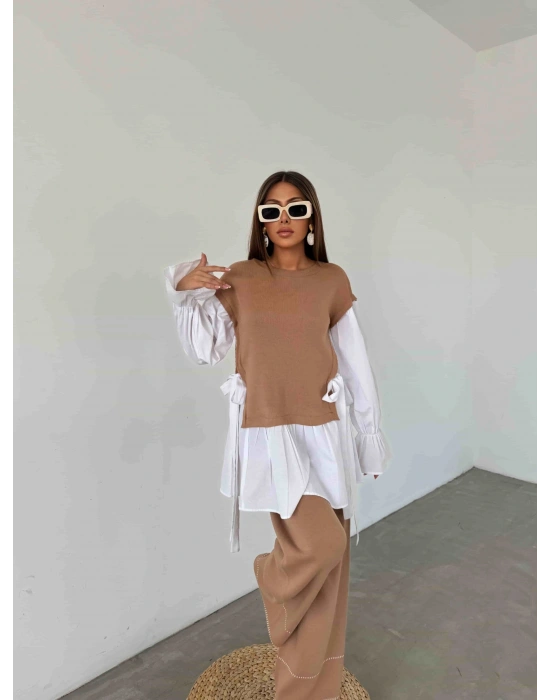 Gömlek Detay Triko Takım 1503 - Kahverengi , Standart Beden (5 Adet)