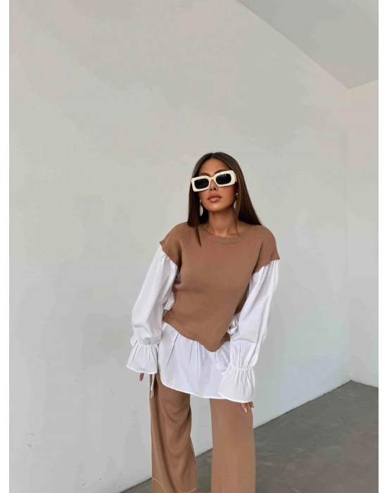 Gömlek Detay Triko Takım 1503 - Kahverengi , Standart Beden (5 Adet)