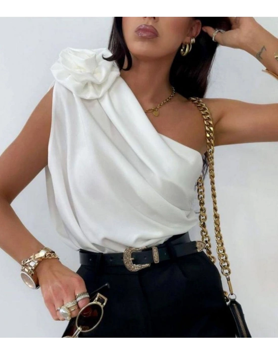 Gül Detay Bluz - 1S 2M 2L 1XL , Beyaz