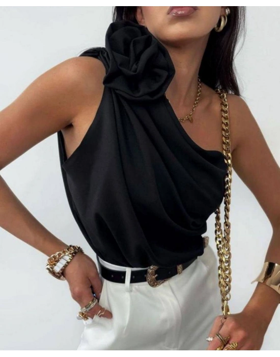 Gül Detay Bluz - 1S 2M 2L 1XL , Siyah