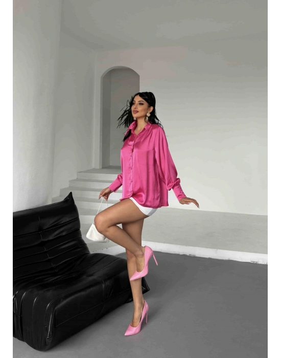 İnci Düğmeli Saten Gömlek - Fuşya