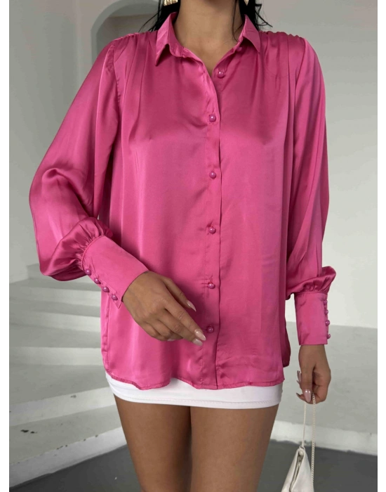 İnci Düğmeli Saten Gömlek - Fuşya