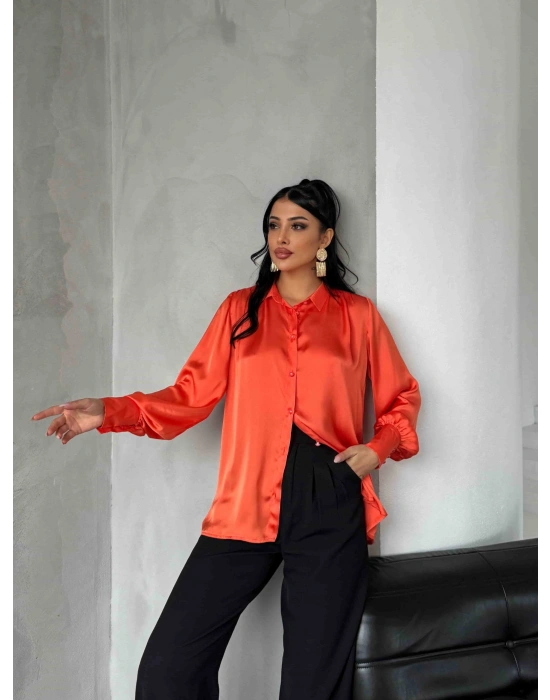İnci Düğmeli Saten Gömlek - Turuncu