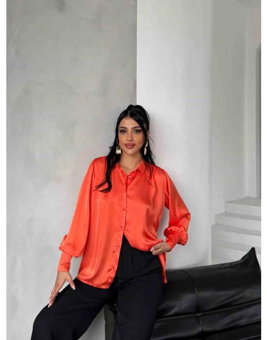 İnci Düğmeli Saten Gömlek - Turuncu