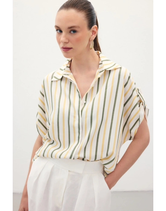 Keten Karışımlı Çizgili Gömlek