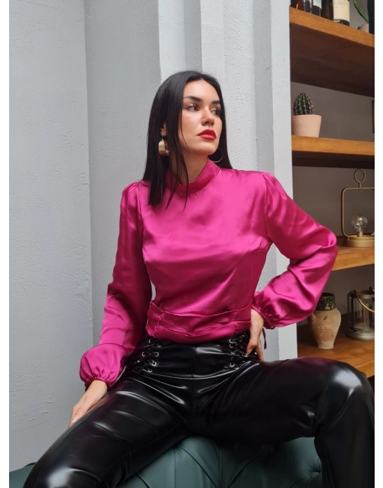 Kısa Saten Bluz - Fuşya