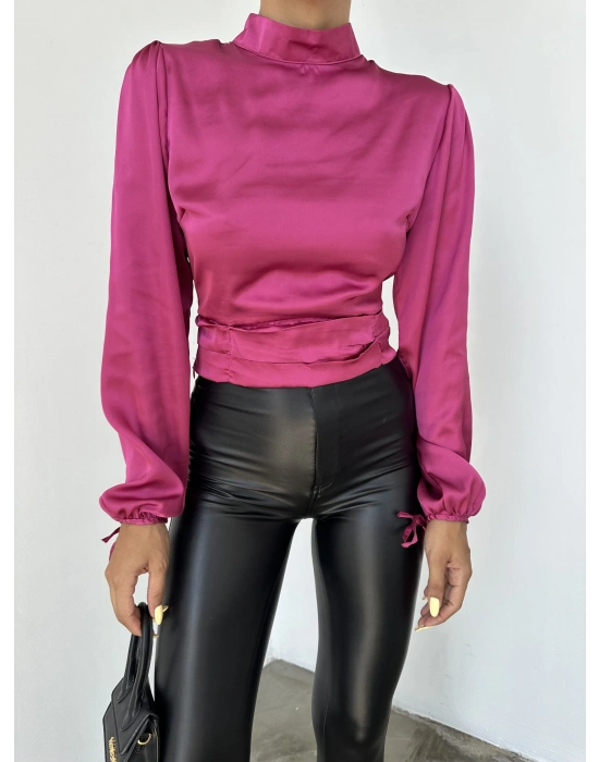 Kısa Saten Bluz - Fuşya