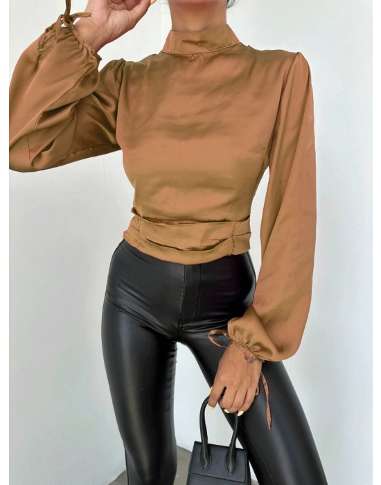 Kısa Saten Bluz - Kahverengi