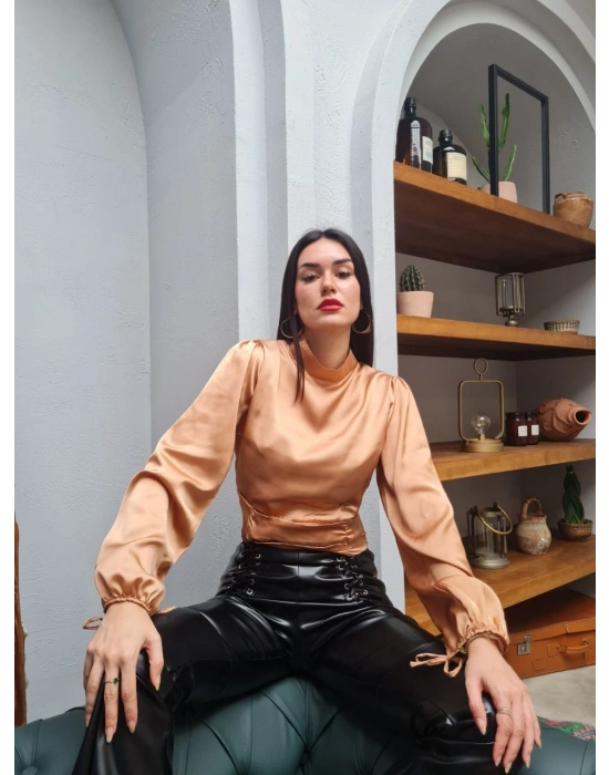 Kısa Saten Bluz - Kahverengi