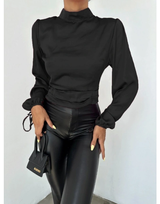Kısa Saten Bluz - Siyah
