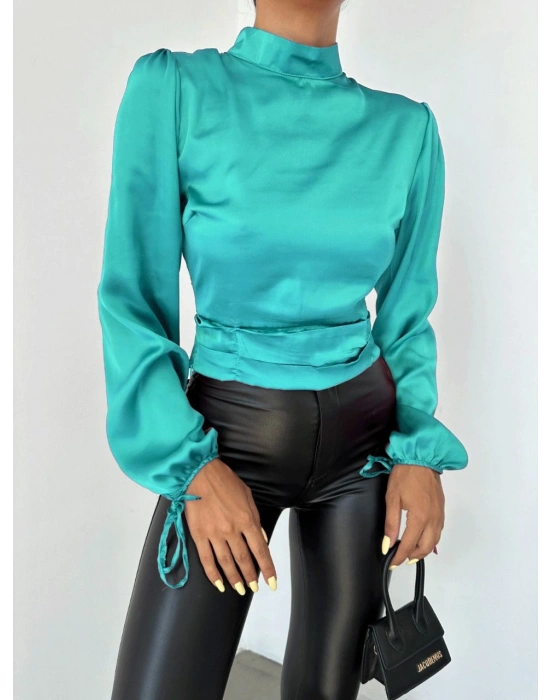 Kısa Saten Bluz - Turkuaz