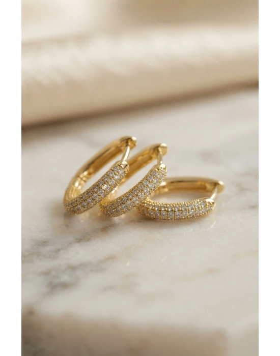 MuI MuI 3 lü Set Gold Renk Zirkon Taşlı Kare Halka Küpe