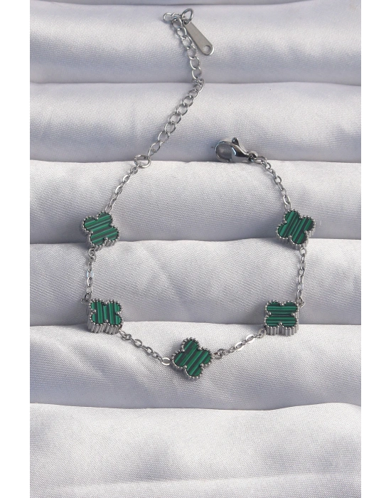 MuI MuI 316L Çelik Baby Boy Gümüş Renk Çizgili Yeşil Mineli Yonca Bileklik