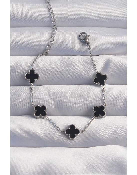 MuI MuI 316L Çelik Baby Boy Gümüş Renk Siyah Mineli Yonca Bileklik