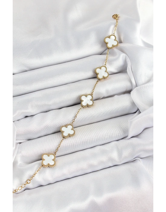 MuI MuI 316L Çelik Beyaz Sedef Yonca Model Gold Renk Kadın Bileklik