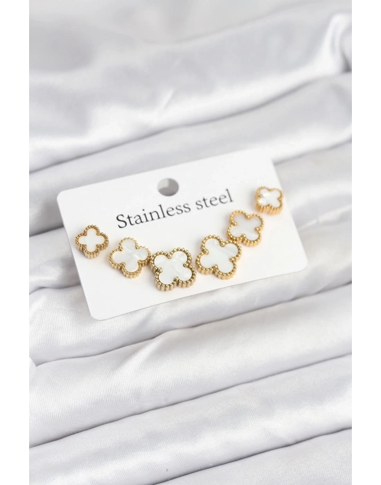 MuI MuI 316L Çelik Gold Beyaz Renk 3 Boy Yonca Küpe Seti