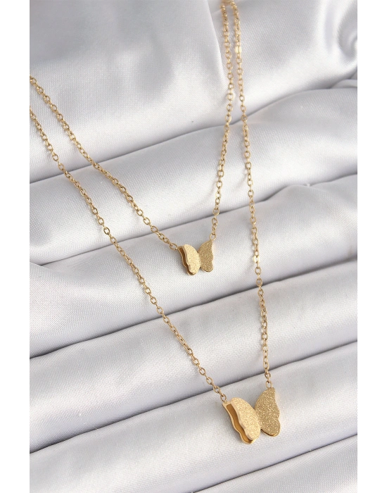 MuI MuI 316L Çelik Gold Renk 2Li Simli Kelebek Model Kadın Kolye