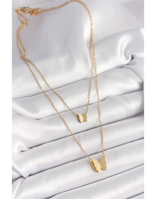 MuI MuI 316L Çelik Gold Renk 2Li Simli Kelebek Model Kadın Kolye