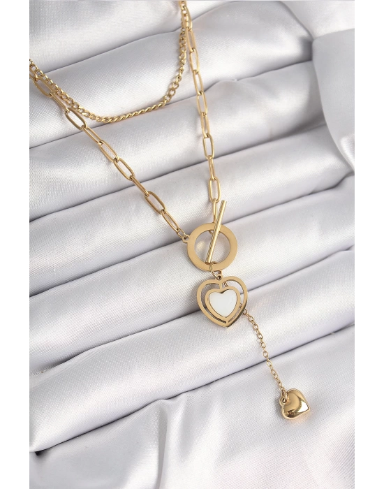 MuI MuI 316L Çelik Gold Renk 2Li Zincir Model Sallantı Detay Kadın Kolye